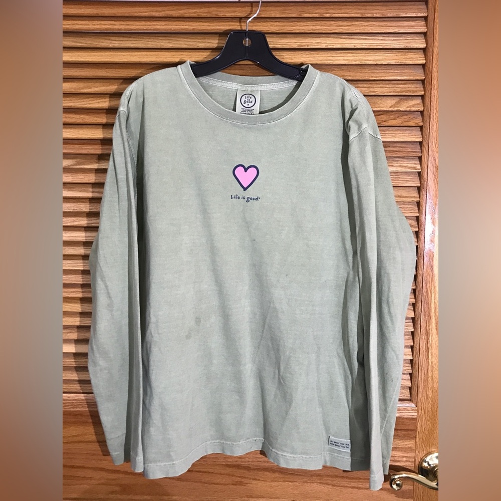 Life is Good Womens Size Large Green Long Sleeve Crew Neck T-Shirt
